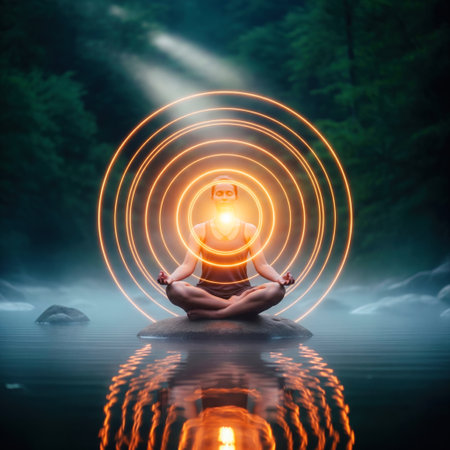 A person in meditation with radiant energy circlesの素材