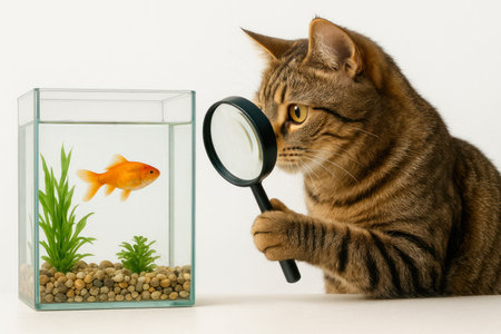 The cat examines the goldfish through a magnifying glassの素材