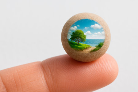 A miniature landscape with a tree and the sea on your fingerの素材