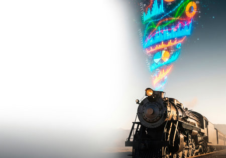 The steam locomotive releases streams of digital analytics into the sky. Space for textの素材