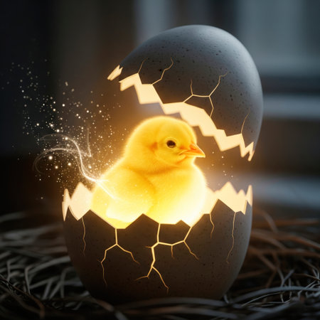 A magical chicken glows in a cracked eggの素材