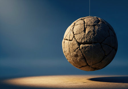 A huge stone ball suspended on cables. Space for textの素材