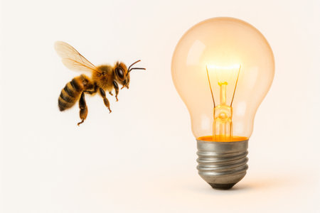 A bee flies to a glowing bulb on a light background. Space for textの素材