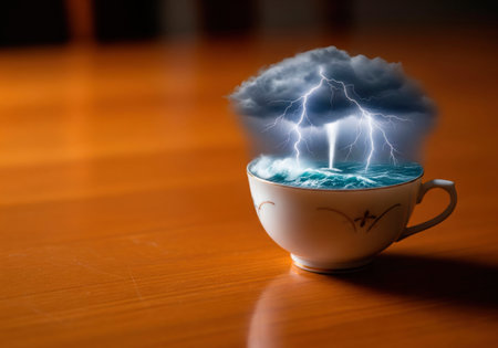 A cup with a storm and lightning inside. Space for textの素材