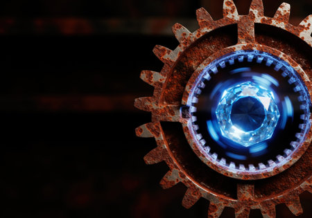 A shining crystal inside a rusty metal gear. Space for textの素材