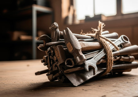 A bundle of old metal tools tied with a ropeの素材