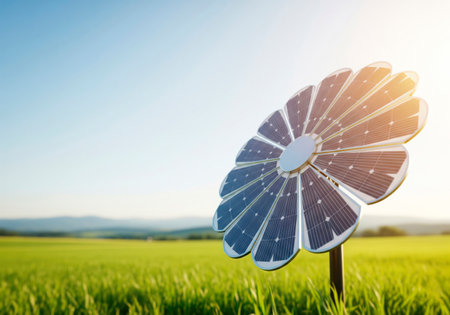 Solar panel in the form of a flower in a field. Space for textの素材
