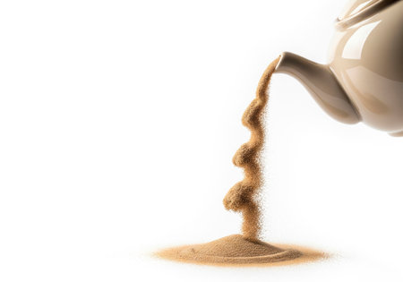 A kettle with sand pouring from the spout. Space for textの素材