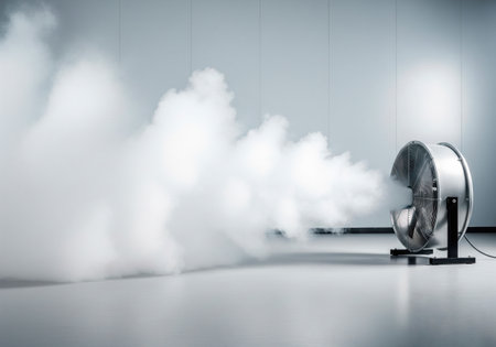 The fan blows a thick white cloud of smoke. Space for textの素材