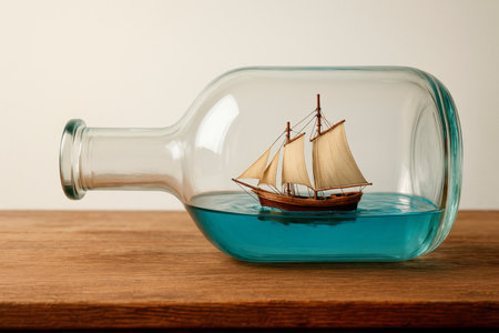 A ship in a bottle on a wooden tableの素材