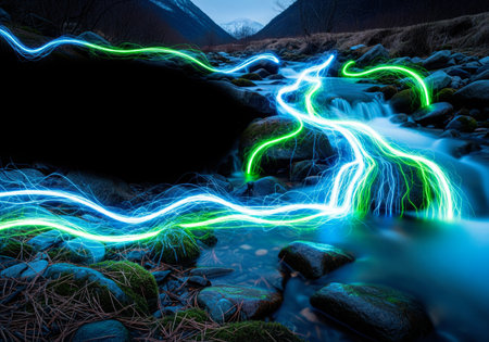 A river in the mountains with flows of digital energyの素材