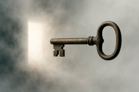 The old key in front of the door is made of lightの素材