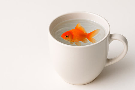 A goldfish swims in a white mug of water. Space for textの素材