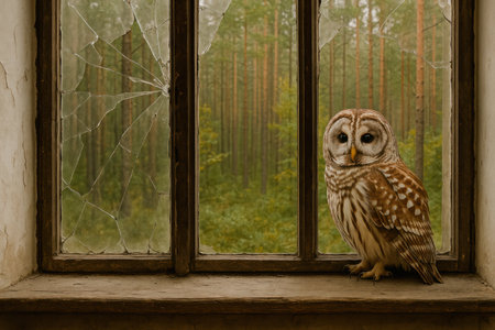 An owl on the windowsill by the broken windowの素材