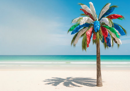 A palm tree on the beach with leaves made of plastic bags. Space for textの素材