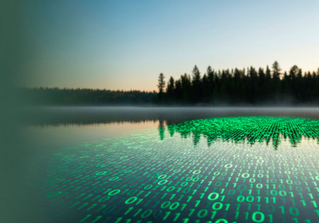 The surface of the lake with green binary codes, the reflection of the forestの素材