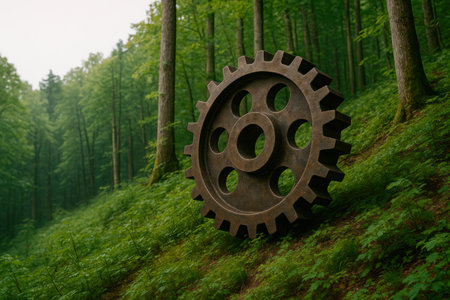 A huge gear in a green forestの素材
