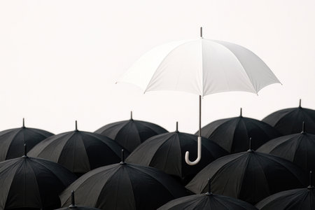 A white umbrella among many black umbrellasの素材
