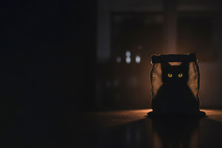 A black cat with yellow eyes in a bag. Space for textの素材