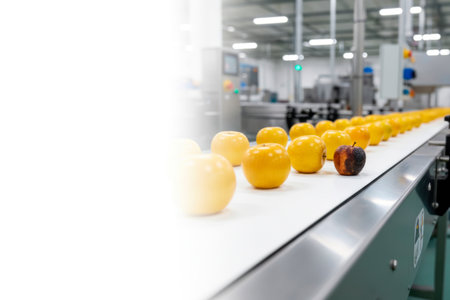 A line of yellow apples and one rotten one. Space for textの素材