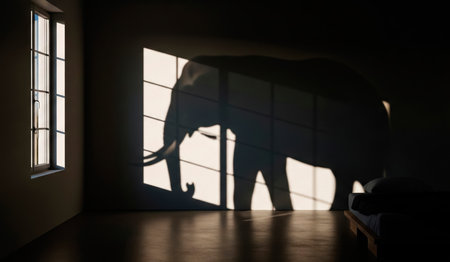 The shadow of a large elephant on the wall in the roomの素材