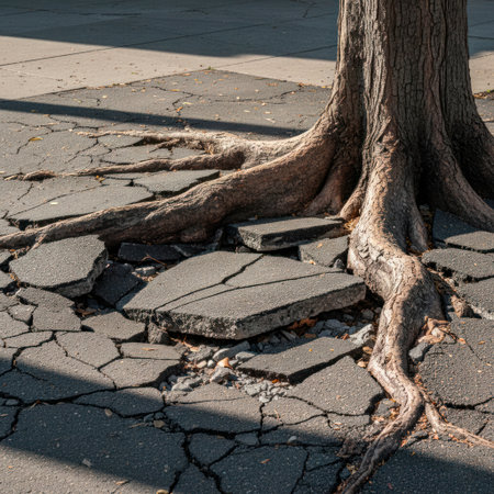 The roots of the tree destroy the cracked asphaltの素材