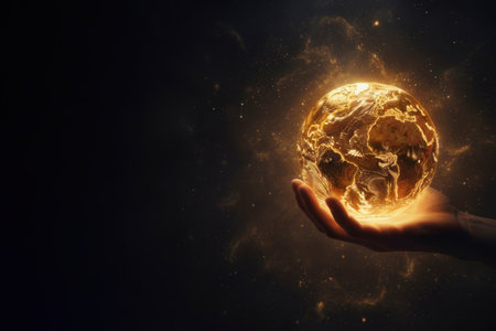 A hand holds a golden shining planet in space. Space for textの素材
