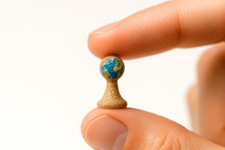 A miniature figurine with a globe between the fingers. Space for textの素材