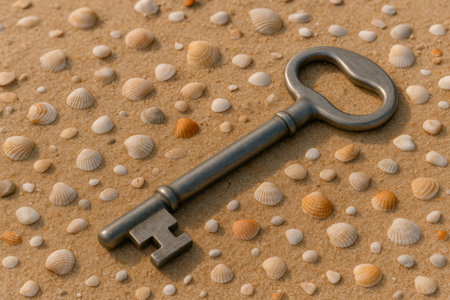 A metal key in the sand among shellsの素材