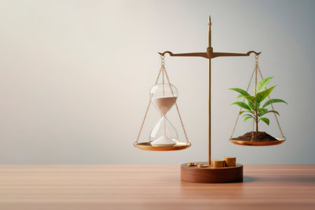 Scales with a clock and a growing plant. Space for textの素材