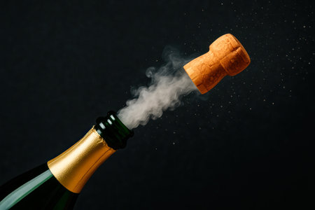 The cork flies out of the bottle of champagne. Space for textの素材