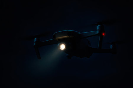 A drone with a lantern flying in the night skyの素材