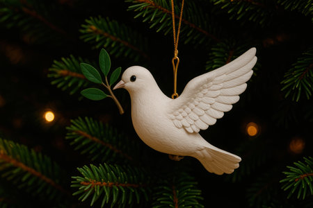 A white dove with a sprig of olive on the background of a spruceの素材