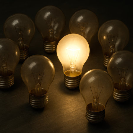 One light bulb turned on among many turned off lampsの素材