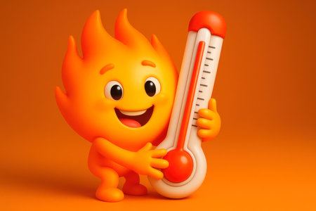 A cheerful fire character holding a thermometerの素材