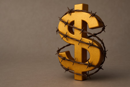 The gold dollar sign is braided with barbed wire. Space for textの素材
