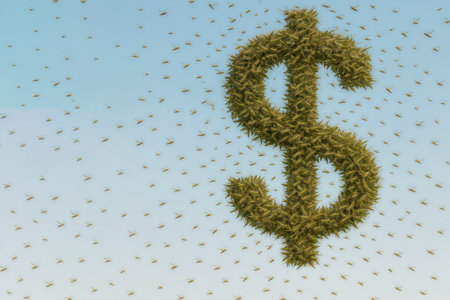 A huge dollar sign is surrounded by a cloud of locusts. Space for textの素材