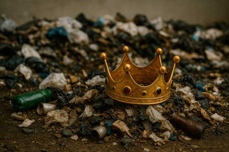 The golden crown lies on a pile of garbageの素材