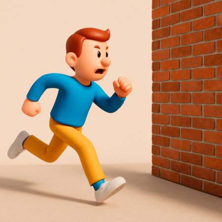 A man in a cartoon style runs straight into a brick wallの素材