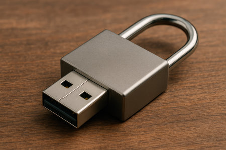 A USB flash drive lock on a wooden tableの素材