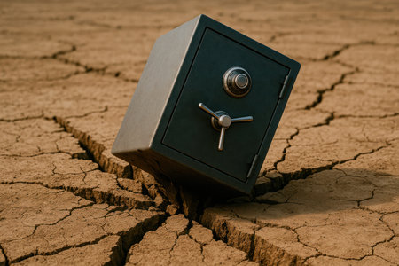 The safe stands on the cracked dry ground as a symbol of crisisの素材
