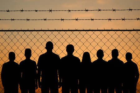 People stand by a fence with barbed wire at sunsetの素材