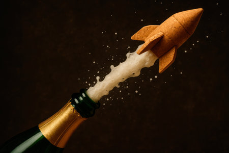 A cork of champagne in the shape of a rocket flies out of the bottleの素材
