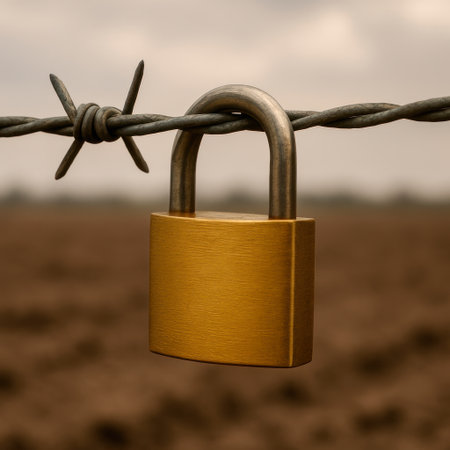 The golden lock hangs on barbed wireの素材