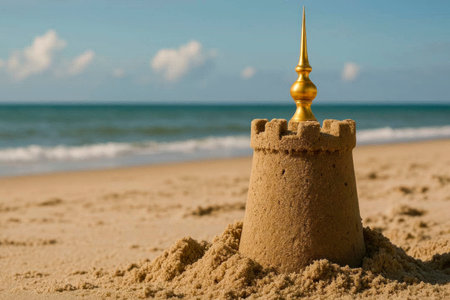 A sand castle with a golden spire on the seashore. Space for textの素材
