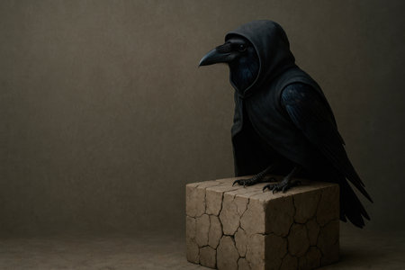 A hooded raven sits on a cracked cube. Space for textの素材