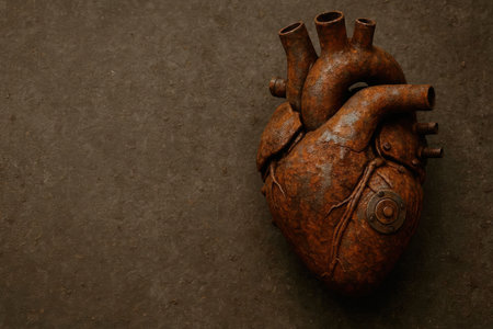 A rusty metal heart with mechanical details on a dark background. Space for textの素材