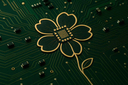 A flower-shaped chip on a green electronic board. Space for textの素材