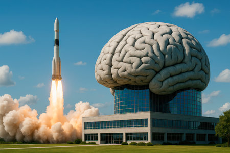 A building with a brain and a launching rocketの素材