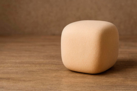 A sand cube with soft edges on a wooden surface. Space for textの素材